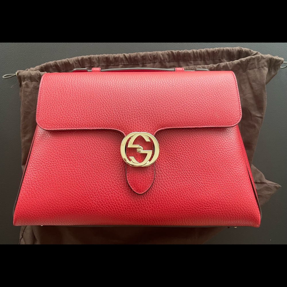 Gucci GG Interlocking Large Leather Shoulder Bag Gold Chain Strap Like New